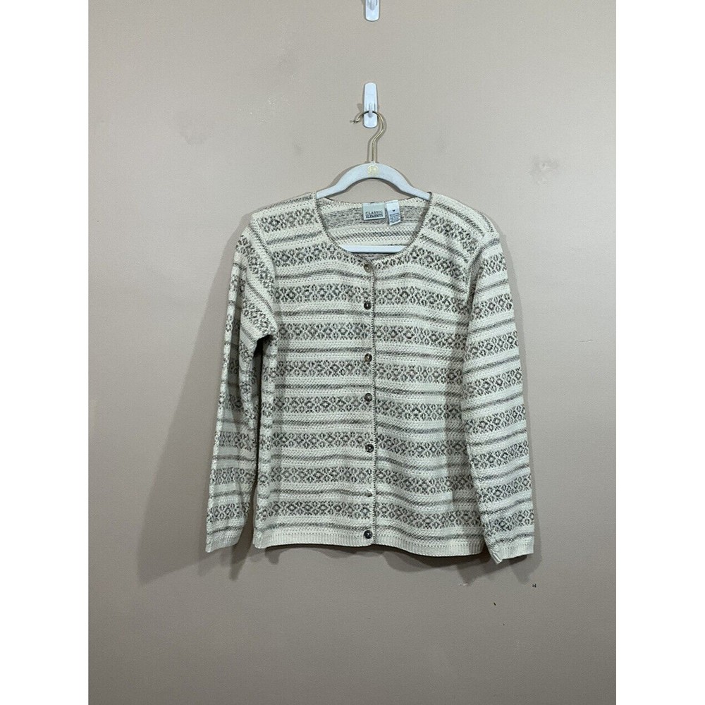 VTG Womens Striped Cardigan Sweater Sz Med Beige Granny Coastal Geometric Boxy
